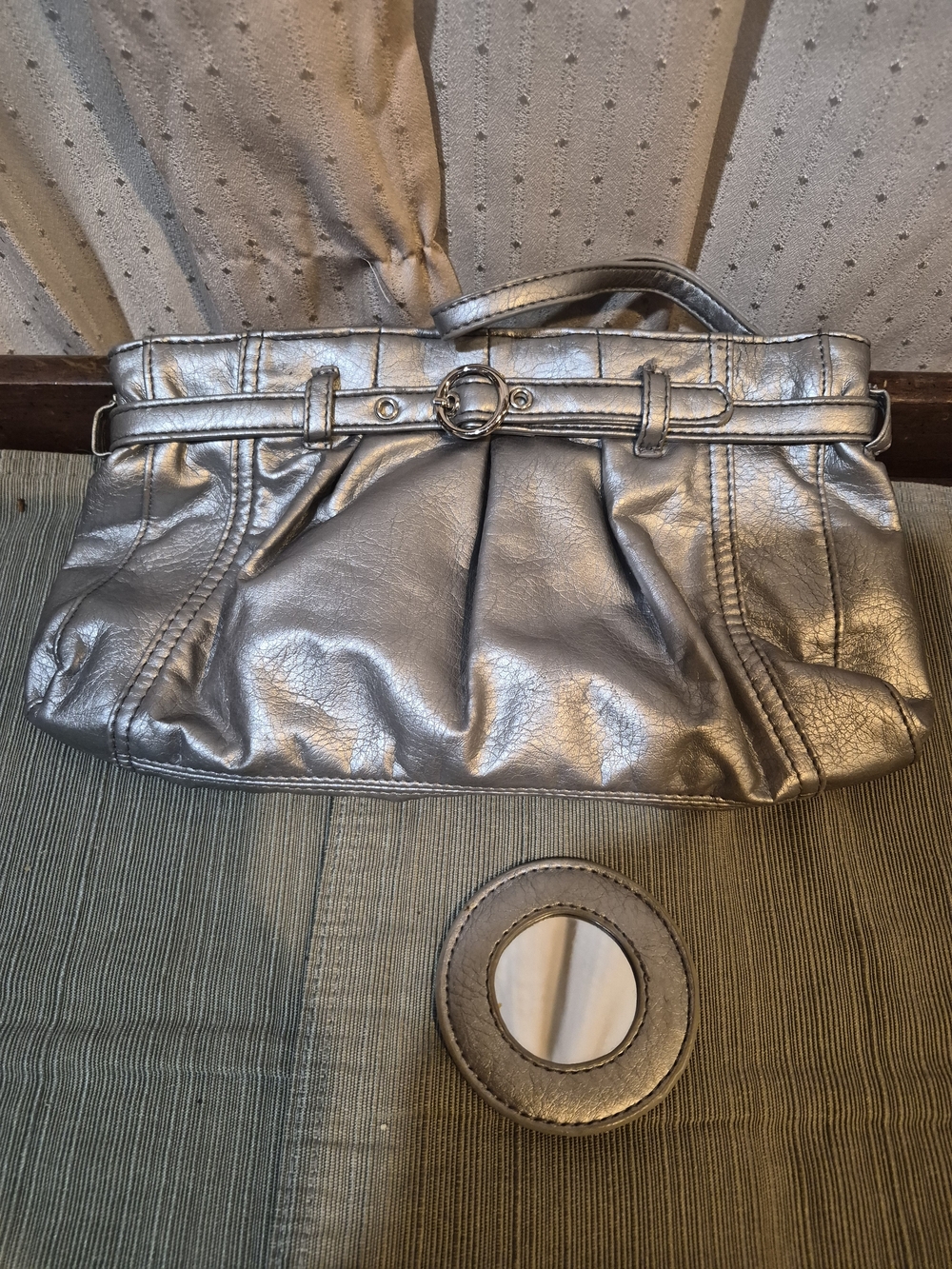 Vintage Neiman MarcuWomen's Metallic Silver Faux Leather Clutch with Belt Detail